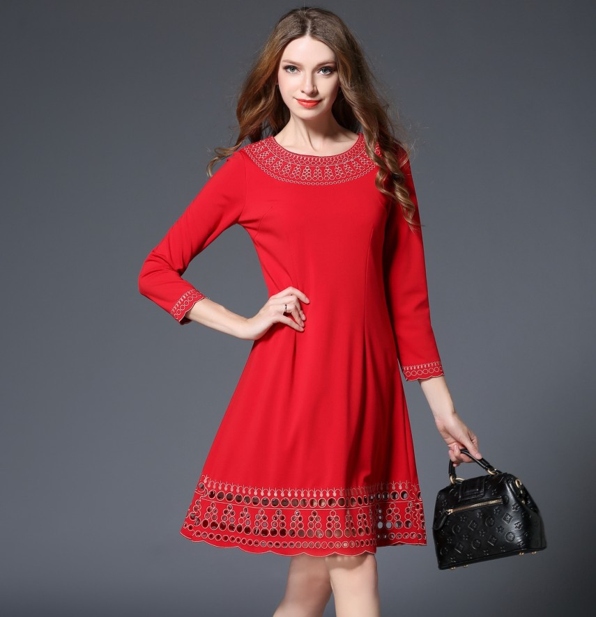 A-Line Long-Sleeved Solid Color Embroidery Dress — image 1