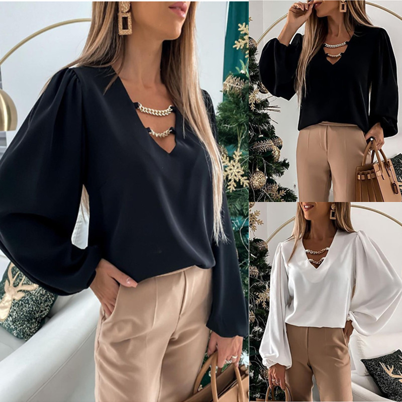 Simple And Loose Long-Sleeved V-Neck Shirt With Chain Decoration