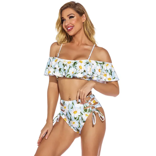 New One Shoulder Ruffled Lace Up High Waist Printed Split Swimsuit New One Shoulder Ruffled Lace - Shop at LoveMi