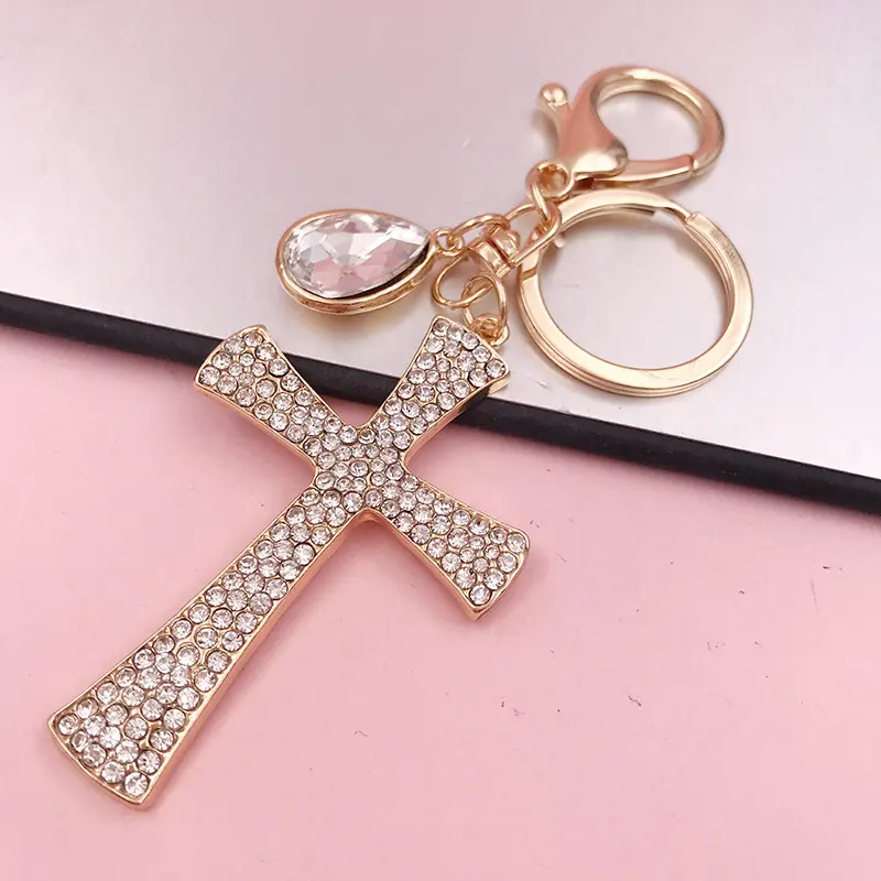 Christian Water Drop Diamond Cross Keychain Metal Pendant Female