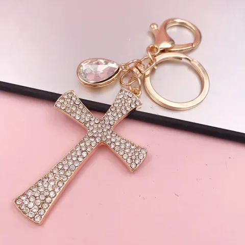 Christian Water Drop Diamond Cross Keychain Metal Pendant Female