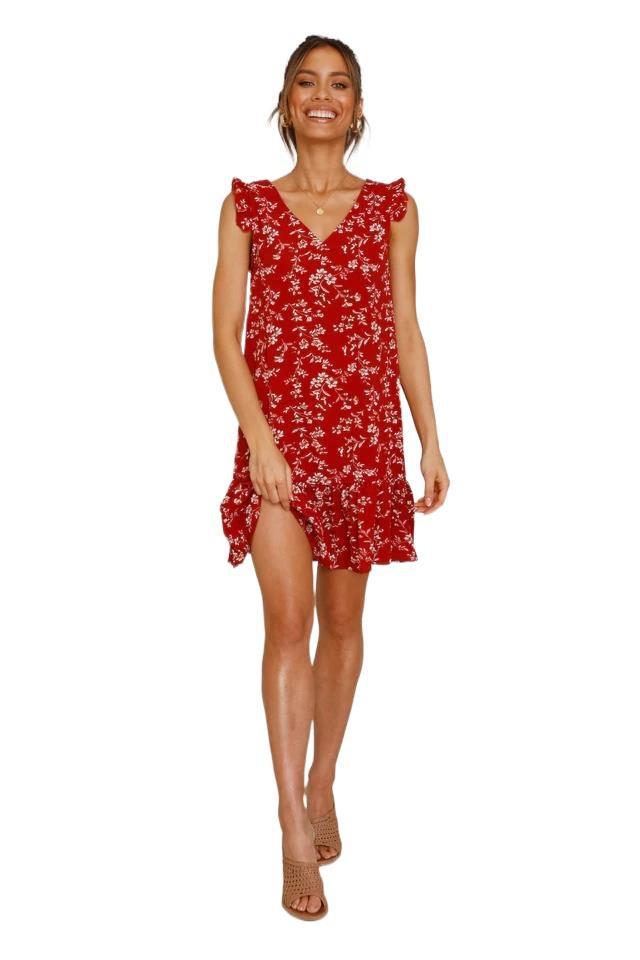 Sleeveless Casual V-Neck Ruffle Print Dress