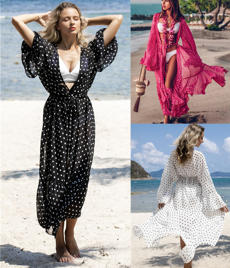 Chiffon Dot Print Beach Sunscreen Shirt Holiday Skirt Bikini Outer Blouse