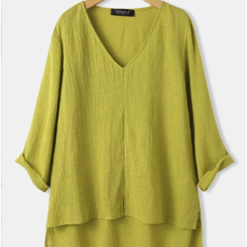 Casual Loose Solid Color Nine-point Sleeve V-neck Cotton and Linen Blouse