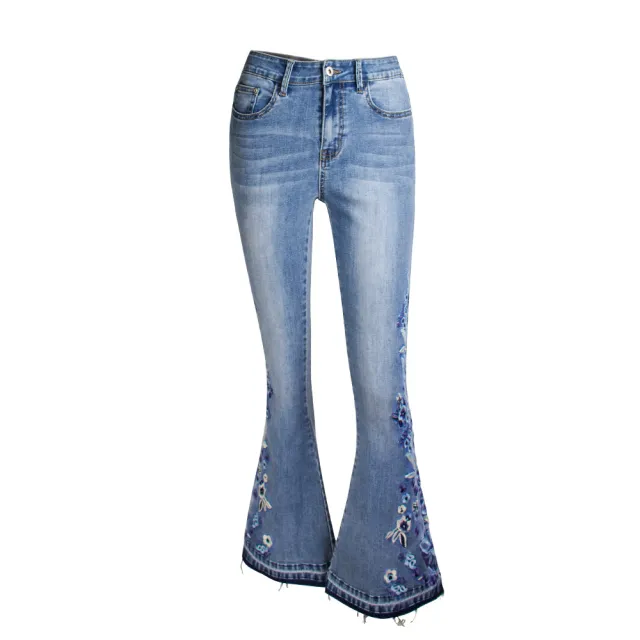 Denim Embroidered Women's Trousers, Wide Leg Washed Flared Jeans, Plus Size Trousers Blue - Shop at LoveMi