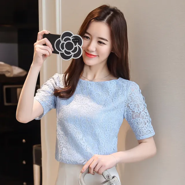 Fashion Lantern Sleeve Lace Chiffon Shirt Blue - Shop at LoveMi