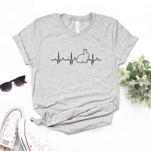 Rabbit Heartbeat Print Ladies T shirt Short Sleeve Grey - Shop at LoveMi
