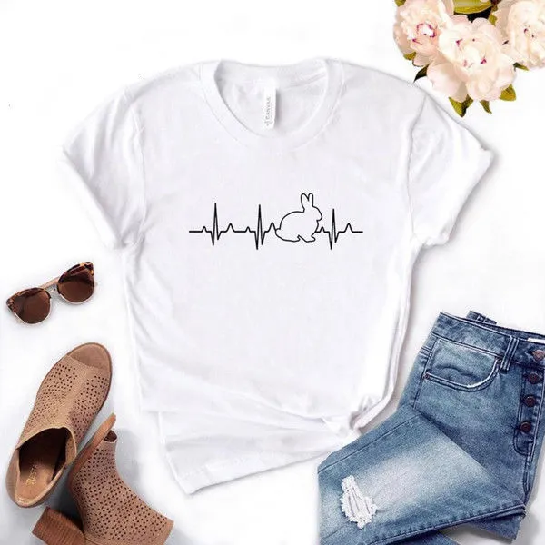 Rabbit Heartbeat Print Ladies T shirt Short Sleeve White - Shop at LoveMi