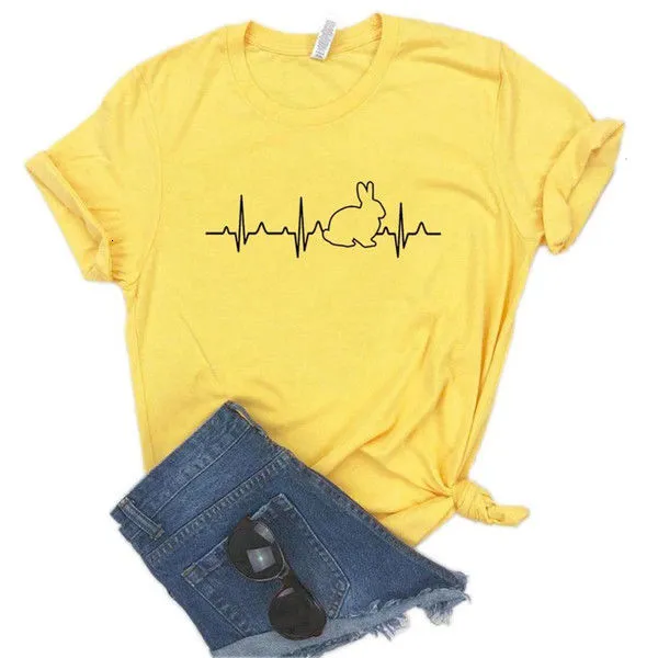 Rabbit Heartbeat Print Ladies T shirt Short Sleeve Yellow - Shop at LoveMi