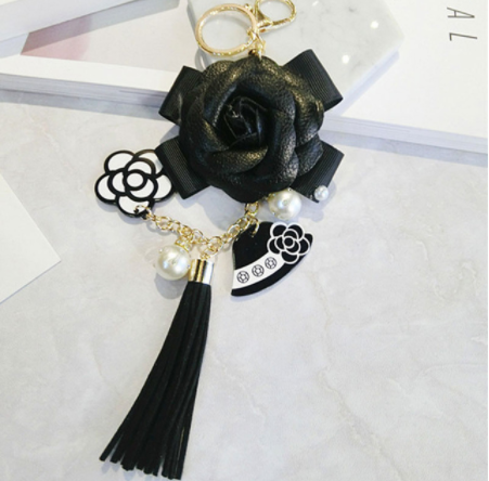Korean Style PU Leather Tassel Keychain Camellia Bag Pendant Black - Shop at LoveMi