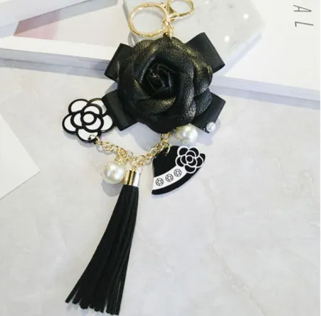Korean Style PU Leather Tassel Keychain Camellia Bag Pendant Black - Shop at LoveMi
