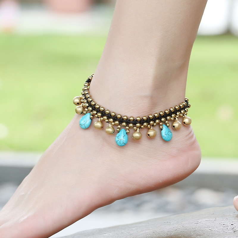 Title 1, Hand-woven Turquoise Bell Pendant Anklet Ethnic...