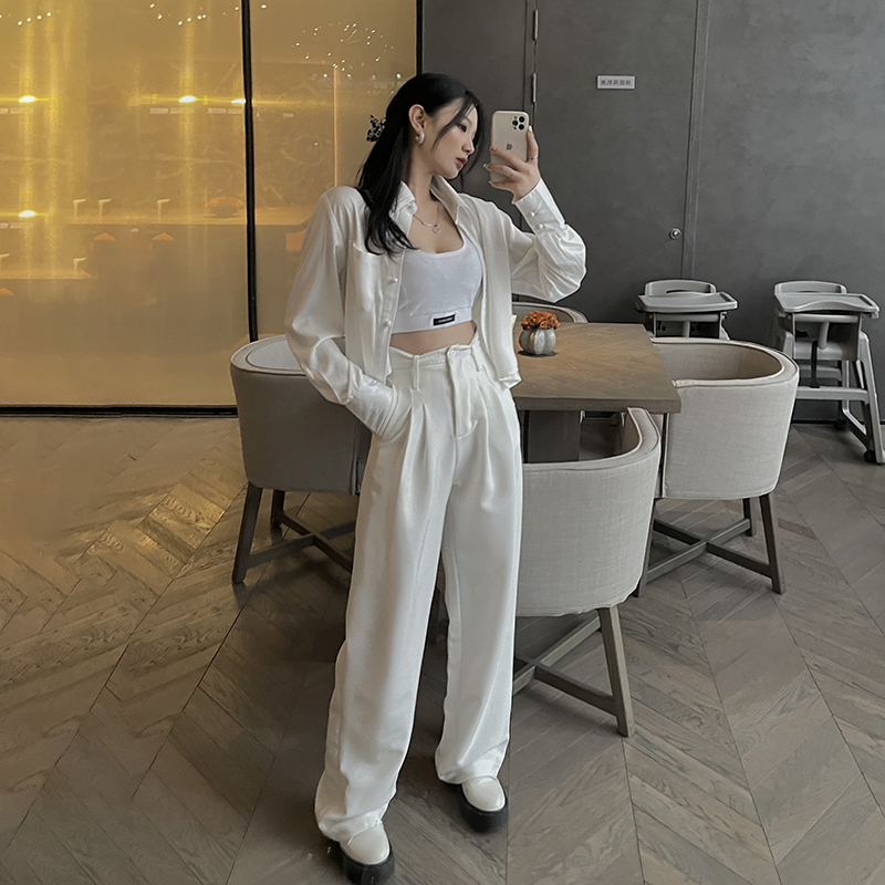 Casual White Short Coat Sports Loose Wide-Leg Pants Suit