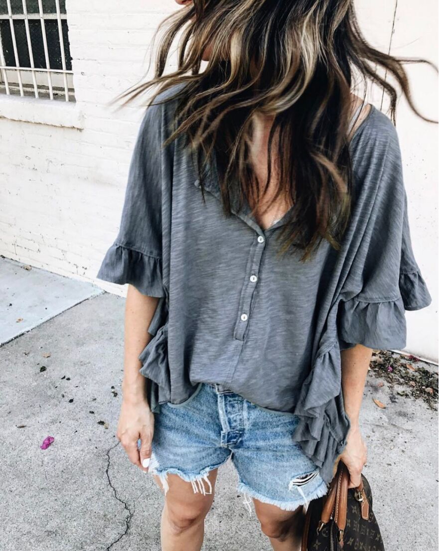 Women's Loose Short Sleeved T Shirt Round Neck Stitching Ruffled Top