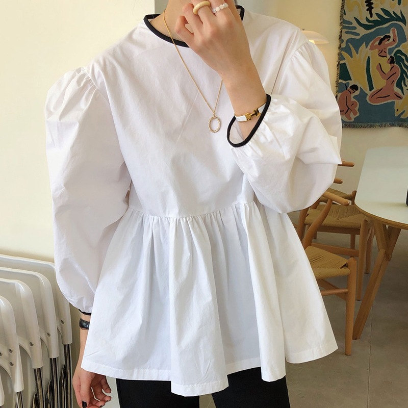 Round Neck Contrast Color Edging Loose Bandage Puff Sleeve Pleated Shirt Top Women