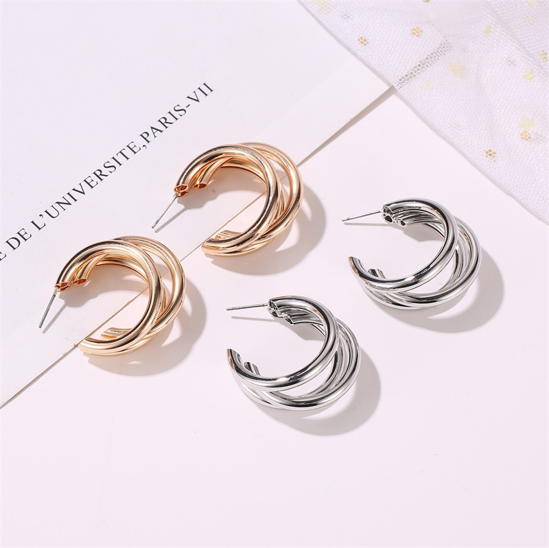 European And American Temperament C-shaped Earrings Metal Three-layer Earrings Geometric Exaggerated Earrings