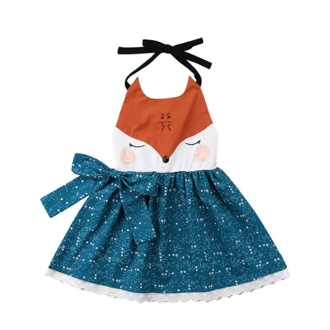 Summer Girls Cartoon Fox Dress Backless Lace Princess