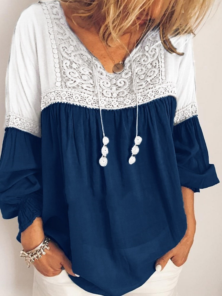 Lace Stitching Contrast Color Loose Top