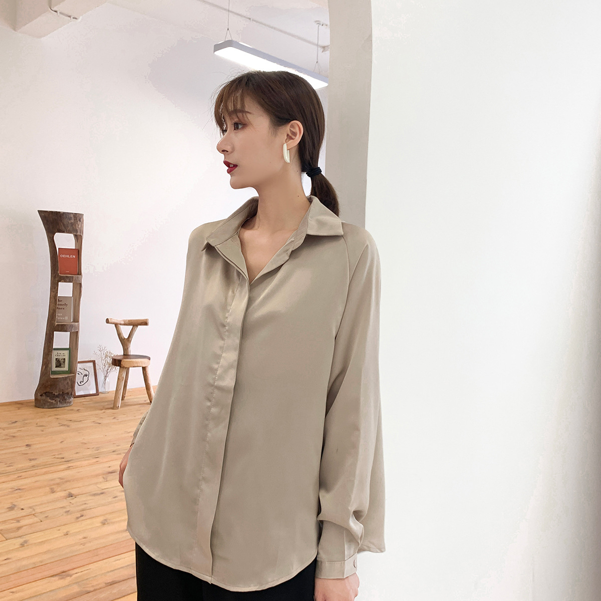 Pure Color V Neck Shirt Women's All Match Bottoming Long Sleeved Shirt