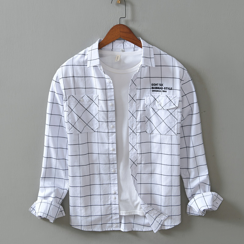 New Casual Men's Long Sleeved Shirt Lapel Loose Men's Plaid Shirt