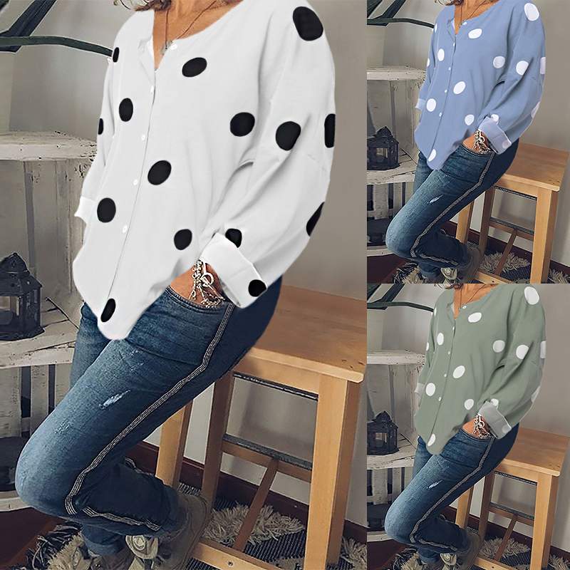 Dot Print Round Neck Long Sleeve Casual Shirt