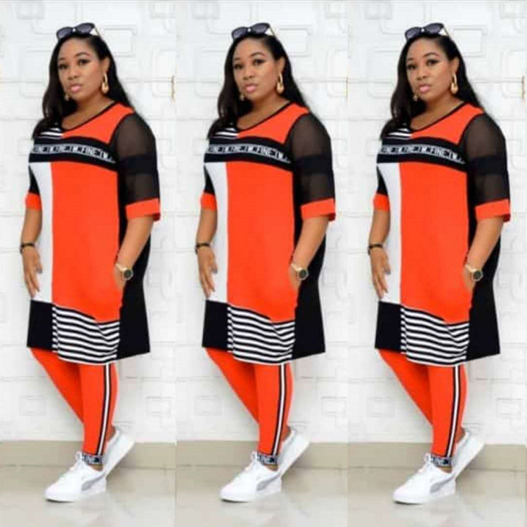 European And American Trend Letter Printing Net Yarn Stitching Plus Size Skirt  Same Color Pencil Pants Suit