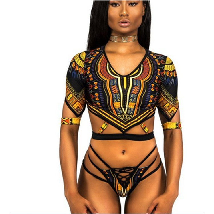 New Style Swimsuit Ladies Multi-strap Lace Ethnic Print Half-sleeved Sexy Split Bikini