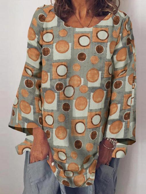 Ladies Geometric Print Round Neck Long Sleeve Top T Shirt