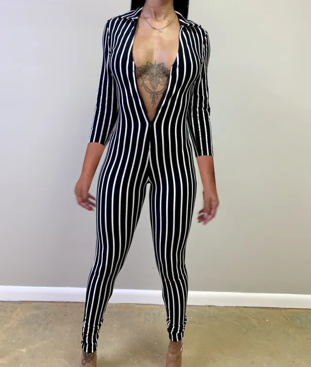 Striped short sleeved zipper hips jumpsuit Black - Shop at LoveMi