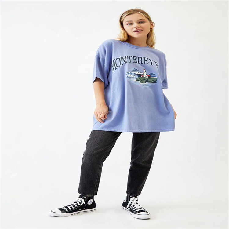 Ladies Short Sleeve Round Neck Pullover Loose Print T Shirt