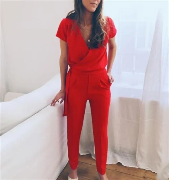 Ladies Sexy V Neck Folded Slim Slim Bodysuit Red - Shop at LoveMi