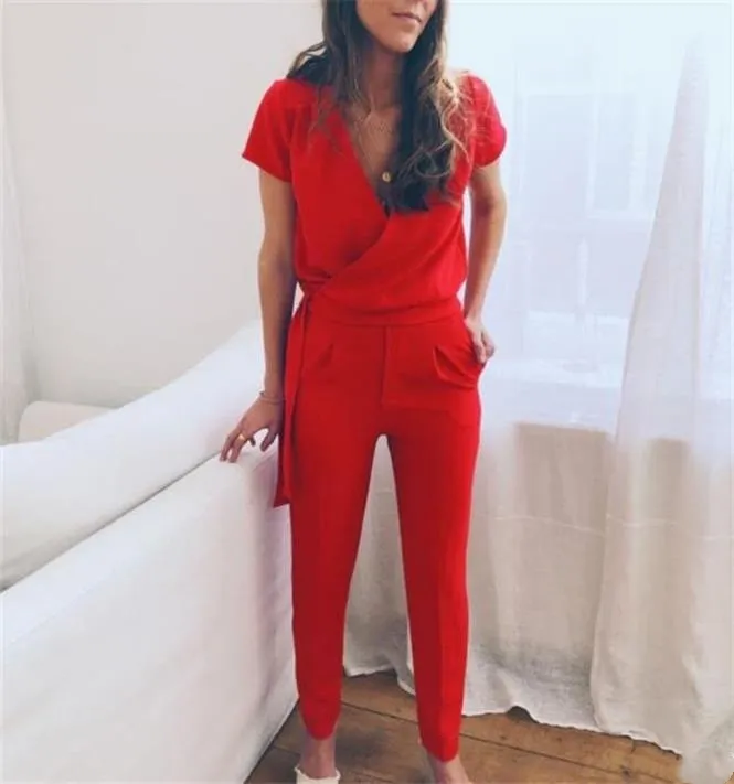 Ladies Sexy V Neck Folded Slim Slim Bodysuit - Red