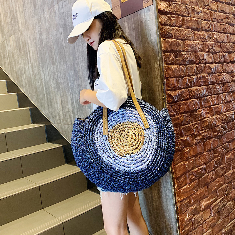 Cross-Border Hot Sale Aquatic Round Straw Woven Bag