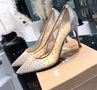 Mesh Rhinestone Transparent Women's Single Shoes Pointed High Heels