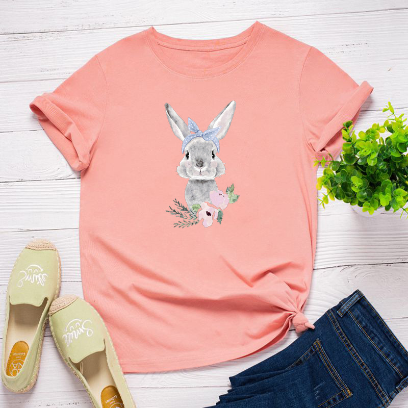 Wish Ebay Hot European And American Casual Cute Rabbit Women's T-Shirt Round Neck Short-Sleeved Female T Pure Cotton