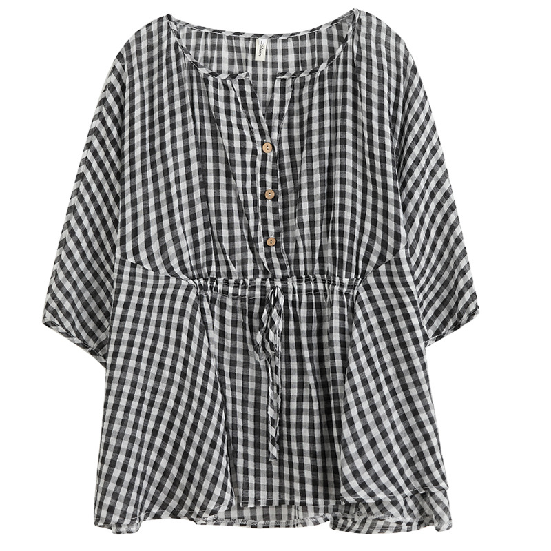 Summer Ladies Fashion Plaid Cotton And Linen Loose V Neck Slim Top