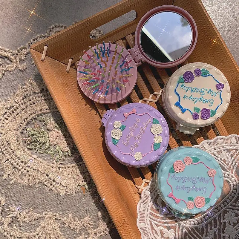 Makeup Mirror with Folding Massage Hair Brush