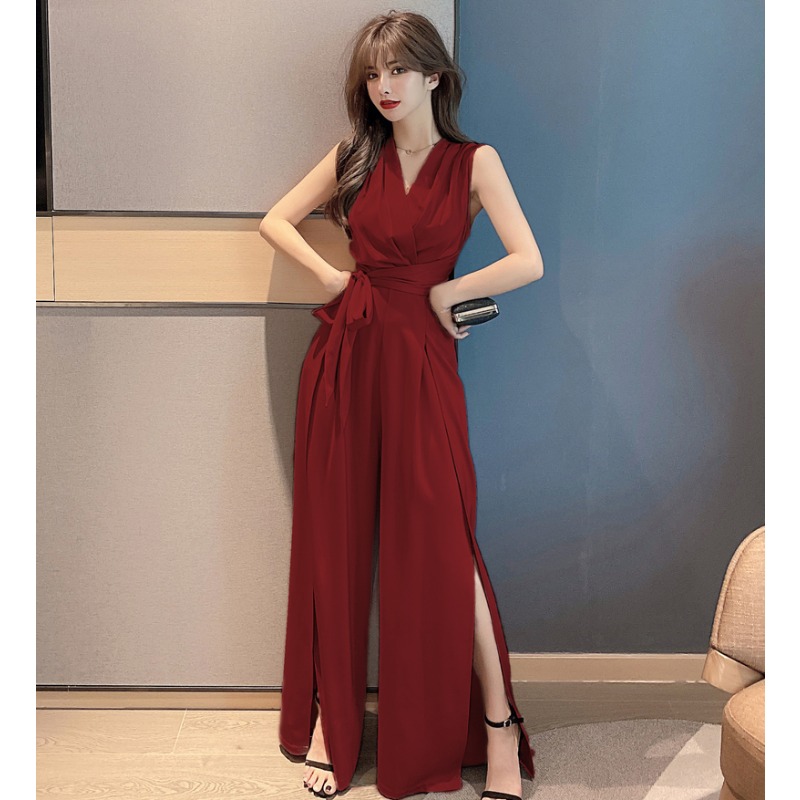 V Neck Tie Waist Bow Tie One Piece High Waist Wide Leg Pants Trousers