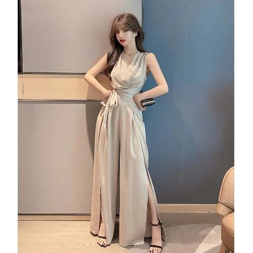V Neck Tie Waist Bow Tie One Piece High Waist Wide Leg Pants Trousers Champagne L - Shop at LoveMi