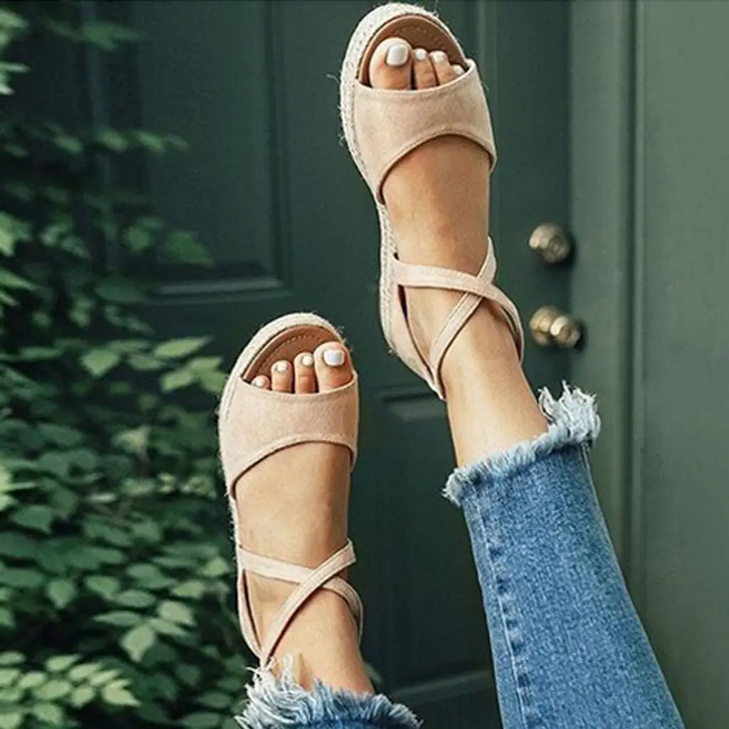 Summer New Linen Straw Woven Platform Shoes Ladies Sandals
