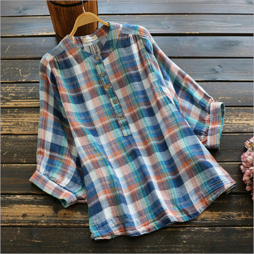 Loose Plaid Stand Collar Pullover Shirt