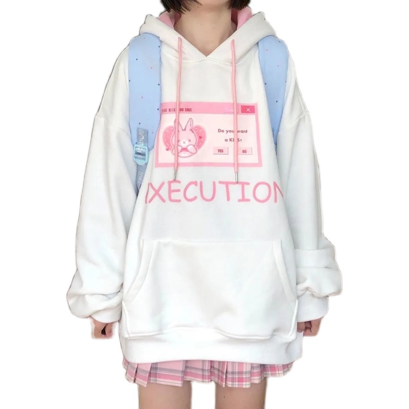 Cute Plus Velvet Student Hooded All-match White Sweater Women