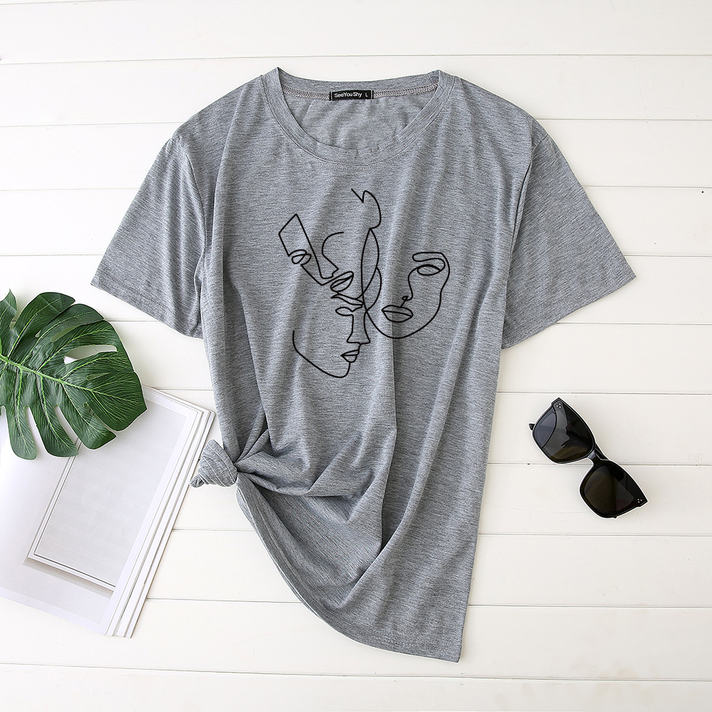 Simple Abstract Line Face Print T Shirt Ladies Short Sleeve Top