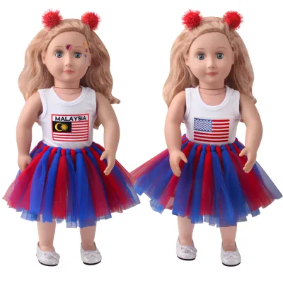 18-inch American Girl Doll Clothes Printed Short Sleeve  Handmade Veil Skirt  Hair Ball Hair Hoop