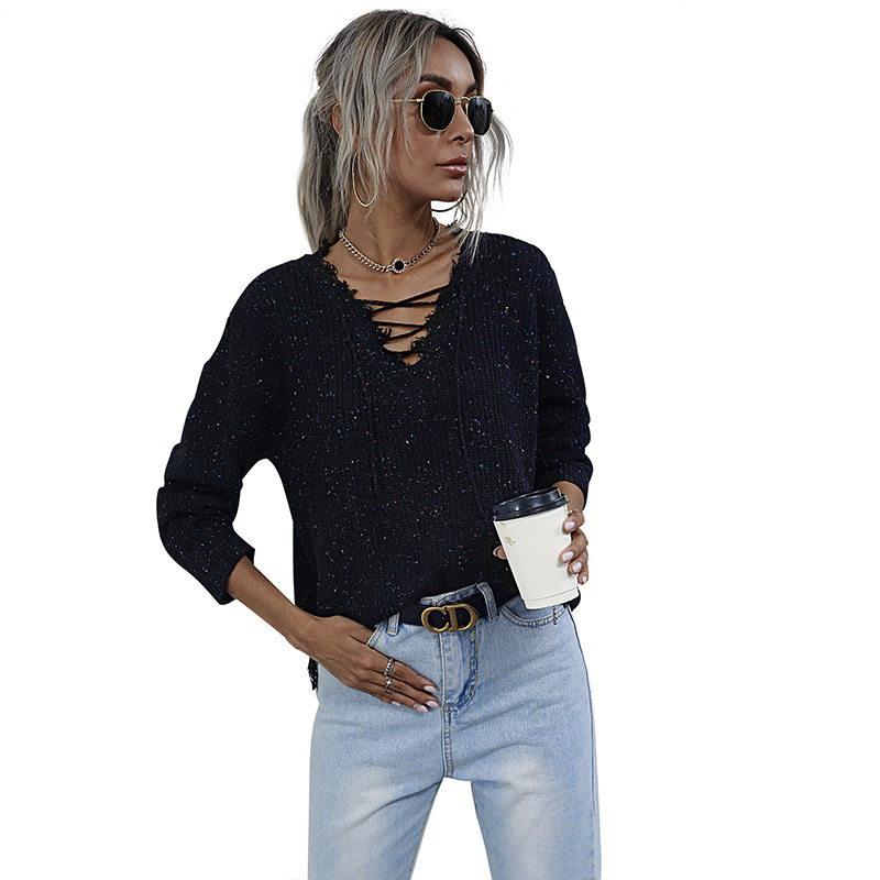 Pure Color Casual Ragged Sweater Women Loose V Neck All Match Sweater