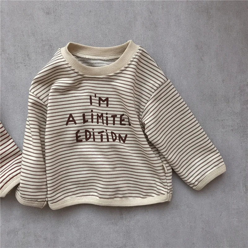 Baby suit Korean version spring new baby alphabet striped T-shirt patch casual pants baby two-piece suit