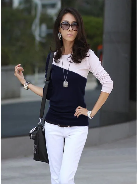 Slim Stitching Round Neck Irregular Long Sleeved T Shirt Women Dark Blue - Shop at LoveMi