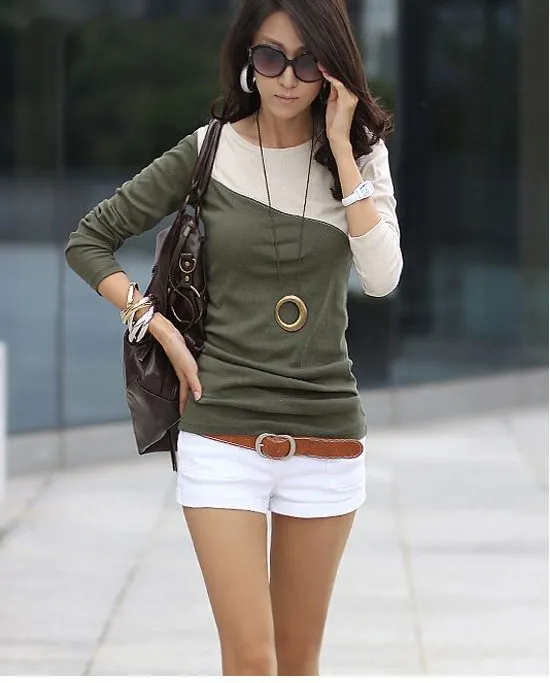 Slim Stitching Round Neck Irregular Long Sleeved T Shirt Women Army Green - Shop at LoveMi