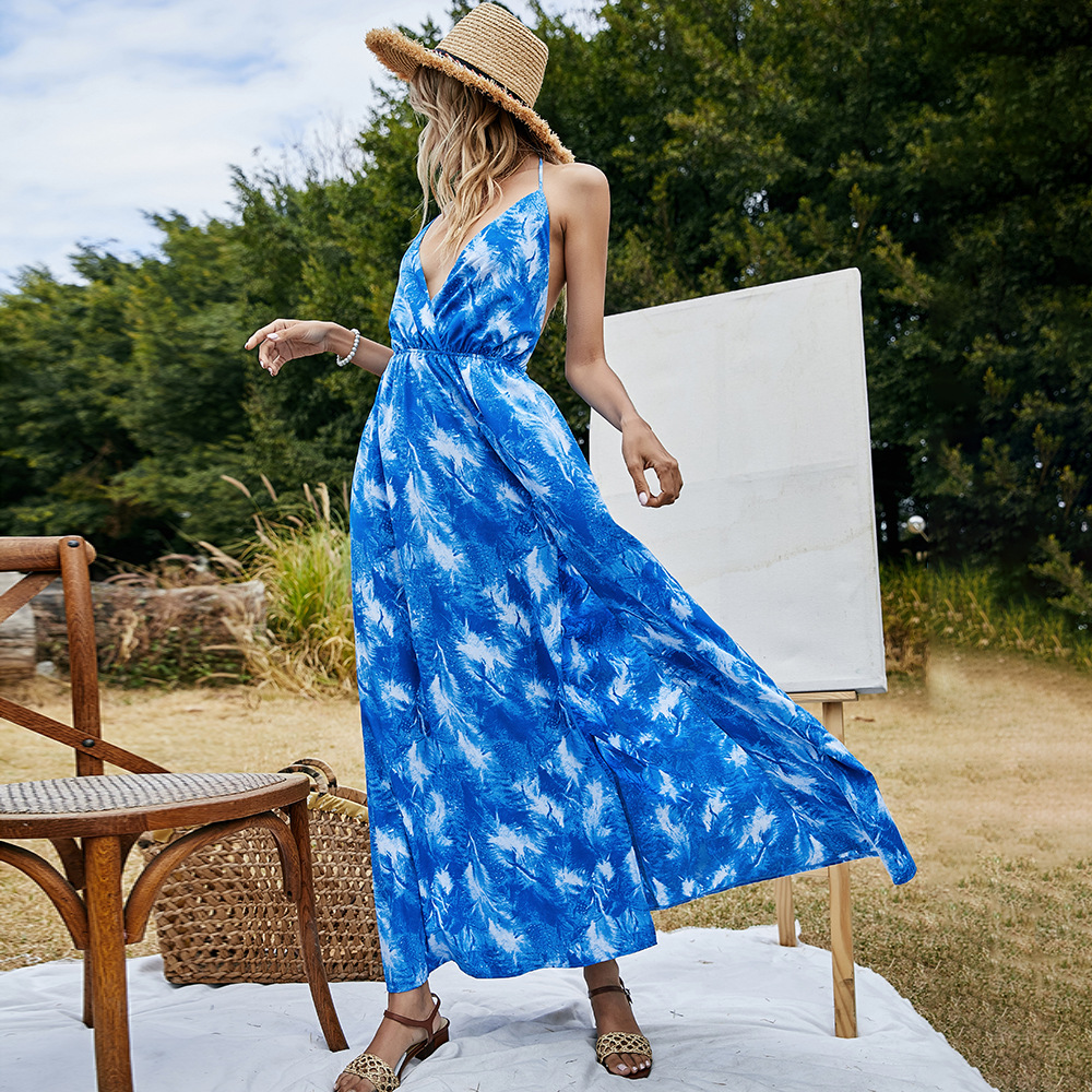  New Bohemian Halter Dress Women Summer Brand Sleeveless V-Neck Backless