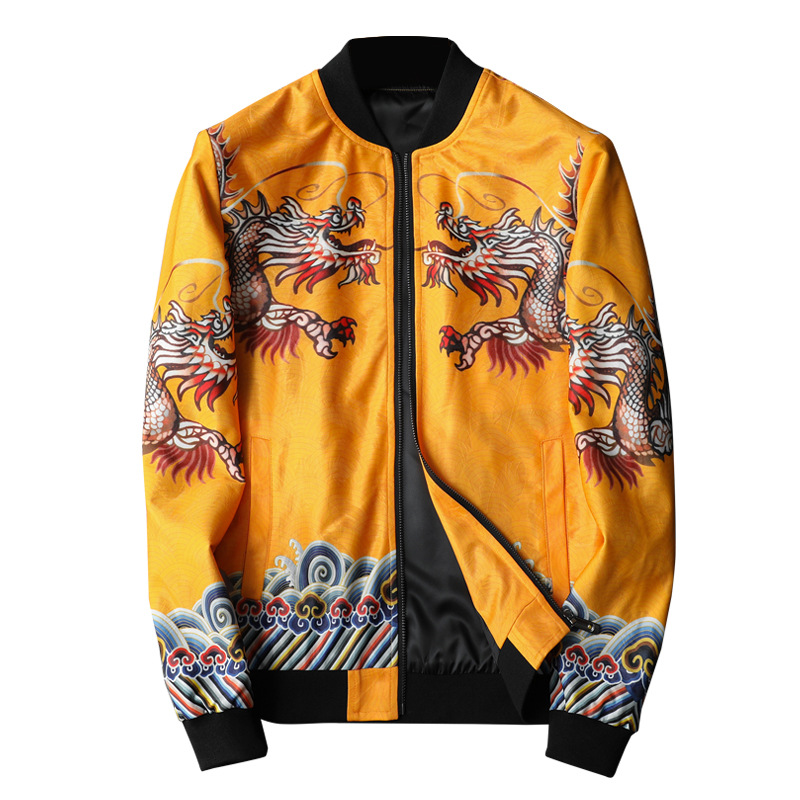 Autumn New Yellow Robe Chinese Style Printed Jacket Men's Fashion Casual Trendy Jacket